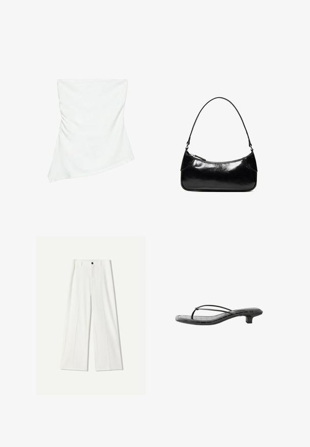 Haut blanc asymétrique sans bretelles avec un léger détail froncé sur un côté, style ajusté, design épuré et minimaliste.; Pantalon large blanc en tissu lisse, avec une fermeture à bouton à l'avant et des détails plissés. Conception à l'avant plat, sans poches visibles.; Sandale noire à petit talon avec fines brides croisées et bout carré, avec un motif crocodile faux texturé sur la semelle.; Sac à épaule en cuir noir brillant avec un seul compartiment zippé et une fine bandoulière arquée.