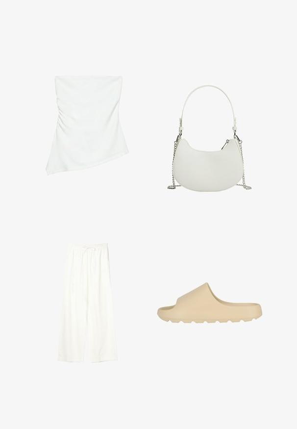 Hvid stropløs asymmetrisk top med let rynkedetalje på den ene side, figursyet stil, ren og minimalistisk design.; Hvide bukser med vide ben, elastisk talje og snøre, lavet af letvægtsstof.; Lys beige slide sandal med en glat, mat finish. Har design med åben tå og en tekstureret, rillede sål for godt greb.; Hvid syntetisk håndtaske med en buet form, der har en kædestrop og minimalistisk design. Glat tekstur med sølvfarvede metaldele.