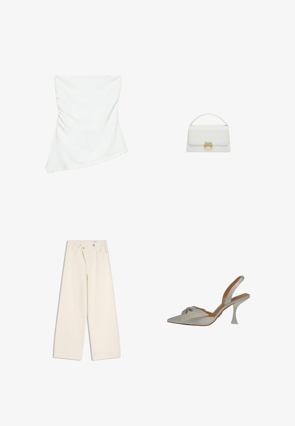 Witte asymmetrische top zonder bandjes met lichte plooidetails aan één kant, aangesloten stijl, strak en minimalistisch ontwerp.; Off-white wijde broek met steekzakken aan de voorkant, lussen voor een riem en zilveren knopen op de tailleband en de randen van de zakken.; Witte satijnen slingback schoen, puntige neus, versierd met zilveren beadings. Heeft een slanke, heldere hak en een gestructureerd, decoratief detail op de bovenkant.; Witte leren handtas met een gestructureerd ontwerp, voorzien van een bovenhandgreep en een goudkleurige sluiting. Gladde textuur en minimalistische accenten.