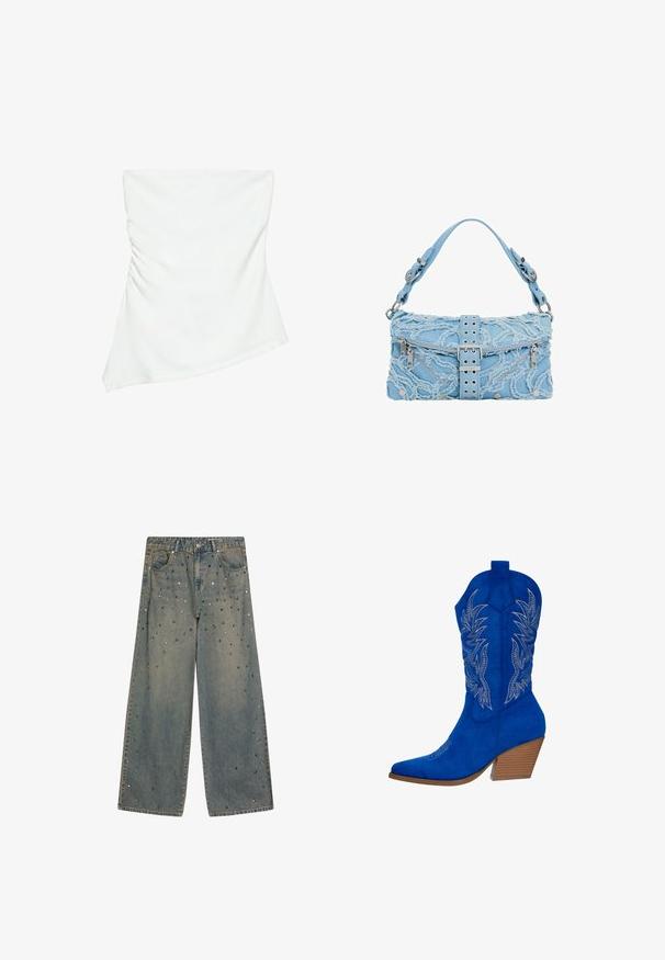 Witte asymmetrische top zonder bandjes met lichte plooidetails aan één kant, aangesloten stijl, strak en minimalistisch ontwerp.; Wijd uitlopende, vervaagde blauwe spijkerbroek met verspreide metalen studs in verschillende vormen en maten aan de voorkant en op de zakken.; Blauwe suède cowboylaars met een puntige neus, geborduurde bladdetails in zilver en een gestapelde houten hak.; Denim handtas in lichtblauw met gestructureerde rafelige accenten, twee voorste ritssluitingen en een decoratieve metalen gesp. Korte schouderriem.