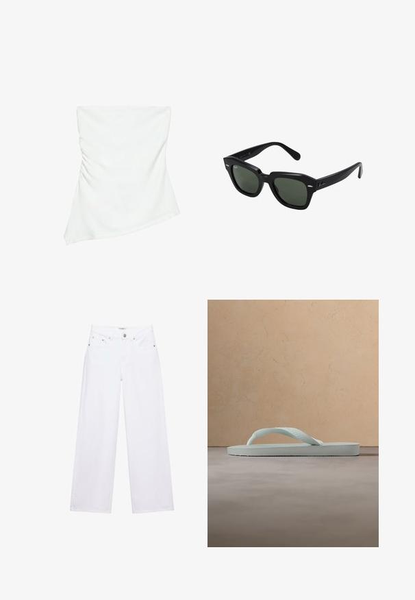 Hvid stropløs asymmetrisk top med let rynkedetalje på den ene side, figursyet stil, ren og minimalistisk design.; Hvide jeans med høj talje og vide ben med knap- og lynlåslukning, for- og baglommer samt sølvfarvede nitter som detaljer.; Enkel lysebeige gummiflipflop med tekstureret fodseng og Y-formet rem mod en ensfarvet grå baggrund.; Sorte firkantede solbriller med mørkegrønne linser, der har kraftige stel og sølvdetaljer på siderne. Fremstillet i Italien.