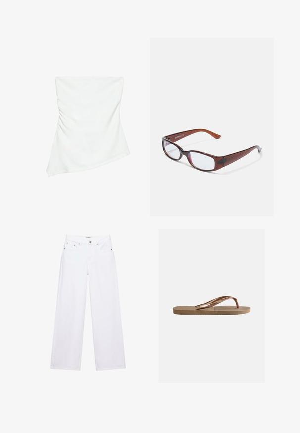 Witte asymmetrische top zonder bandjes met lichte plooidetails aan één kant, aangesloten stijl, strak en minimalistisch ontwerp.; Witte jeans met hoge taille en wijde pijpen, voorzien van knoop- en ritssluiting, voor- en achterzakken, en zilverkleurige klinknageldetails.; Bruine rubberen teenslipper met gestructureerde zool en merkgebonden V-vormige bandjes op een effen lichte achtergrond.; Bruin getinte rechthoekige brillen met een glanzende afwerking, met slanke pootjes en doorzichtige glazen. Logo zichtbaar op de linkertempel.