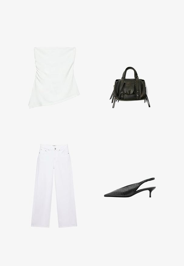 Haut blanc asymétrique sans bretelles avec un léger détail froncé sur un côté, style ajusté, design épuré et minimaliste.; Jean blanc taille haute à jambes larges avec fermeture à boutons et zip, poches avant et arrière, et détails en rivets argentés.; Escarpin slingback noir à bout pointu avec petit talon kitten bas et ornements en clous argentés recouvrant la tige.; Sac à main en cuir noir avec des poignées tressées, une poche zippée et des glands suspendus. Surface texturée avec des clous en métal et des accents en métal.