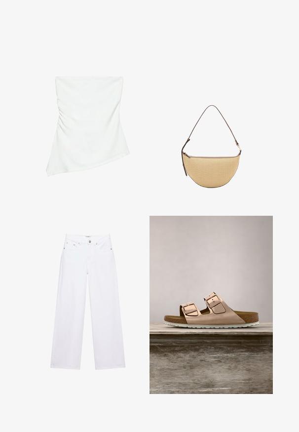 Witte asymmetrische top zonder bandjes met lichte plooidetails aan één kant, aangesloten stijl, strak en minimalistisch ontwerp.; Witte jeans met hoge taille en wijde pijpen, voorzien van knoop- en ritssluiting, voor- en achterzakken, en zilverkleurige klinknageldetails.; Roze-gouden slidersandalen met twee verstelbare metalen gespen, kurken voetbed en witte rubberen zool. Gladde metalen afwerking, open teen ontwerp.; Beige halve maanvormige geweven handtas met een enkele verstelbare bruine leren schouderband en ritssluiting bovenaan.