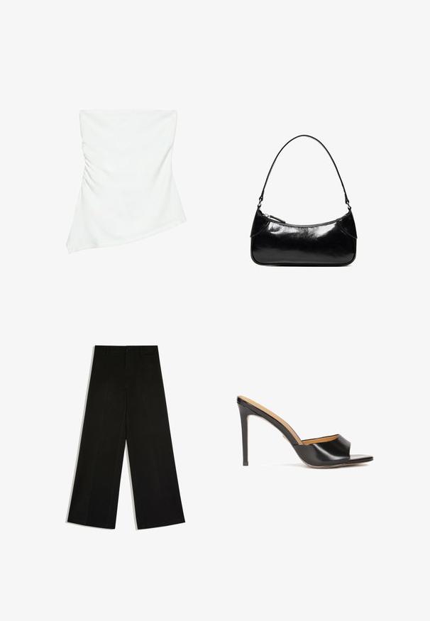Haut blanc asymétrique sans bretelles avec un léger détail froncé sur un côté, style ajusté, design épuré et minimaliste.; Pantalon noir à jambes larges avec passants de ceinture, fermeture devant par bouton et zip, posé à plat sur fond blanc.; Mules à talon ouvert noirs avec une finition en cuir brillant, un talon bloc effilé et une sangle courbée lisse sur le coup de pied.; Sac à épaule en cuir noir brillant avec un seul compartiment zippé et une fine bandoulière arquée.