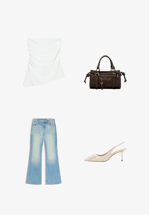 Haut blanc asymétrique sans bretelles avec un léger détail froncé sur un côté, style ajusté, design épuré et minimaliste.; Jean évasé taille haute bleu clair avec poches avant et arrière, fermeture à bouton et à glissière, et effet délavé sur les cuisses.; Escarpin beige à bride arrière avec bout pointu, talon aiguille de hauteur moyenne et boucle rectangulaire sur le devant.; Sac à main en cuir marron foncé avec double poignée, poche avant zippée, boucles décoratives et nœuds latéraux sur fond blanc.