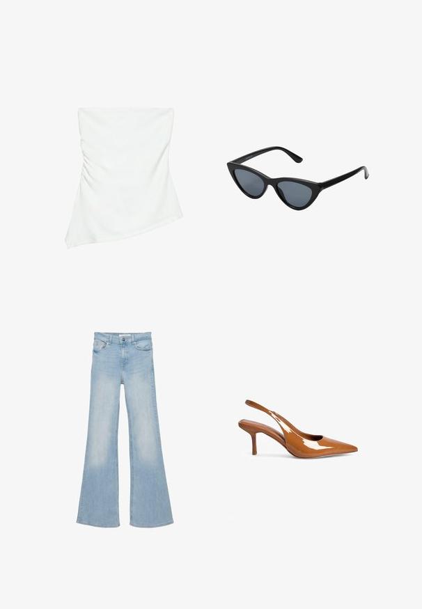 Witte asymmetrische top zonder bandjes met lichte plooidetails aan één kant, aangesloten stijl, strak en minimalistisch ontwerp.; Lichtblauwe denim jeans met hoge taille, knoop- en ritssluiting aan de voorkant, vijf zakken en wijd uitlopende pijpen.; Bruine gepatineerde leren slingback hak met een spitse neus en een 5 cm hoge stilettohak. Kenmerkt zich door een strak ontwerp en een gladde, glanzende afwerking.; Zwarte cat-eye zonnebril met donkergrijze lenzen, slank plastic frame, puntige hoeken en rechte pootjes. Geen zichtbare hardware of accenten.