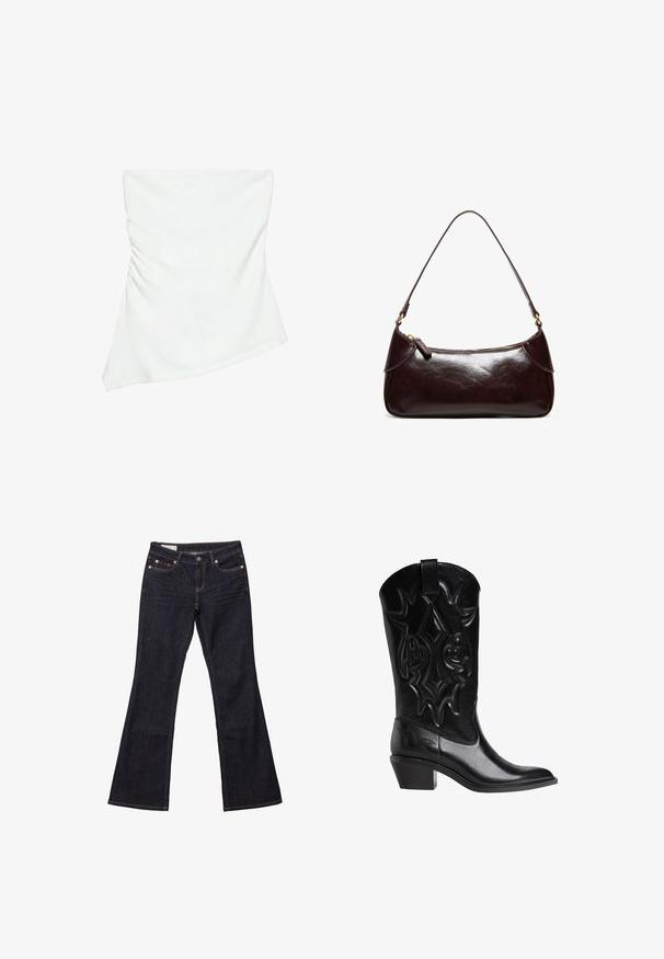 Hvid stropløs asymmetrisk top med let rynkedetalje på den ene side, figursyet stil, ren og minimalistisk design.; Mørkeblå denim bukser med flared ben, fem lommer, kobbernitter og kontrastsyet. Glat tekstur med en lige, afslappet pasform.; Sort læder cowboystøvle med stikninger af dekorative mønstre, spids tå, mellemhøj skrå hæl og trækstrop på toppen af skaftet.; Mørkebrun skuldertaske i læder med en enkelt rem og lynlås, rektangulær form med afrundede kanter på hvid baggrund.