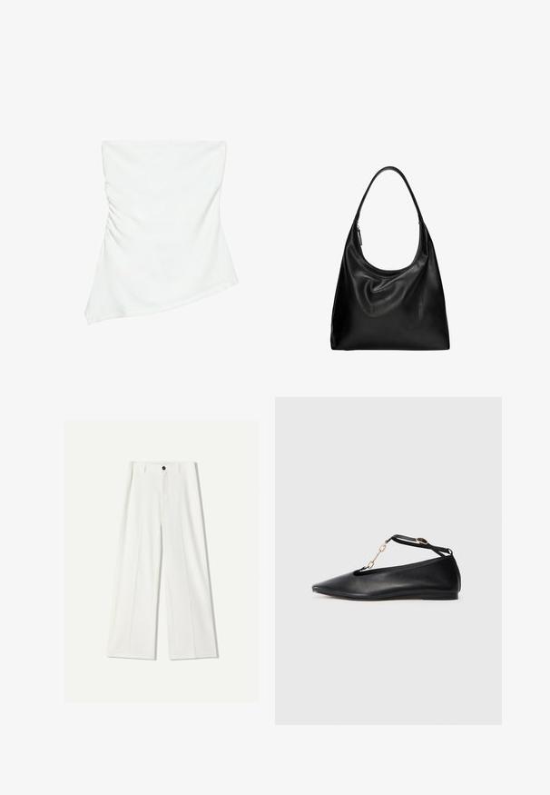 Haut blanc asymétrique sans bretelles avec un léger détail froncé sur un côté, style ajusté, design épuré et minimaliste.; Pantalon large blanc en tissu lisse, avec une fermeture à bouton à l'avant et des détails plissés. Conception à l'avant plat, sans poches visibles.; Ballerines noires en cuir avec un bout pointu, un design découpé, une bride à la cheville et un accent en chaîne dorée. Texture lisse, talon minimal.; Sac hobo en cuir noir avec une forme courbée et douce, doté d'une seule bandoulière. Il présente une fermeture à glissière et une texture lisse et brillante.