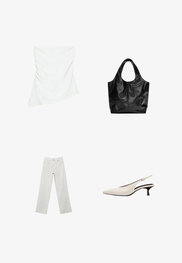 Haut blanc asymétrique sans bretelles avec un léger détail froncé sur un côté, style ajusté, design épuré et minimaliste.; Jeans en denim blanc à jambes larges avec taille haute, design à cinq poches et coutures ton sur ton. Braguette à bouton et zipper. Texture lisse.; Chaussure slingback en cuir blanc à bout pointu avec petit talon et bride de cheville ajustable avec boucle argentée.; Sac fourre-tout en cuir noir avec une texture lisse, un haut arrondi doux et de larges poignées. Présente une couture minimale et une silhouette décontractée.