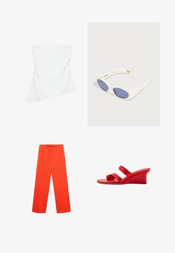 Hvid stropløs asymmetrisk top med let rynkedetalje på den ene side, figursyet stil, ren og minimalistisk design.; Røde, vide bukser lavet af tekstureret stof med vertikale ribbninger og en elastisk talje med snor til justerbarhed.; Rød kilehæl sandal med to remme, åben tå og mellem hælhøjde, vist fra siden på en hvid baggrund.; Hvide katteøje-solbriller med mørke linser og gyldne accenter, vist på en lys baggrund.