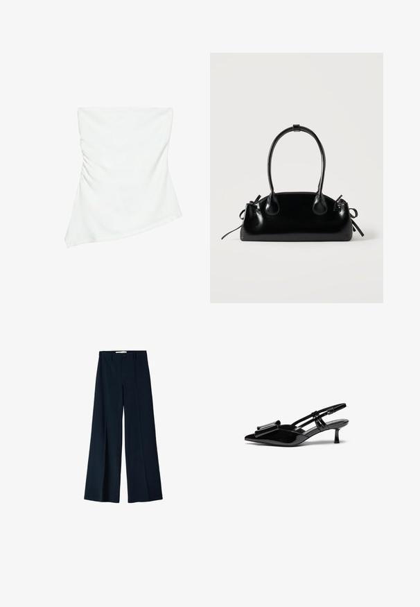 Hvid stropløs asymmetrisk top med let rynkedetalje på den ene side, figursyet stil, ren og minimalistisk design.; Marineblå bredbensbukser lavet af et glat stof, med to frontfoldninger og en enkelt knaplukning i taljen.; Sorte patenterede læderslingbacks med spids tå, en sløjfedetalje foran og en lille stilettohæle. Remmene har justerbare spænder.; Lille sort blank håndtaske med to lange håndtag og snøre-detaljer i siden på en ensfarvet lys baggrund.