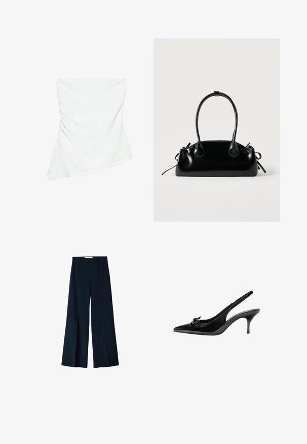 Witte asymmetrische top zonder bandjes met lichte plooidetails aan één kant, aangesloten stijl, strak en minimalistisch ontwerp.; Marineblauwe wijde broek gemaakt van een gladde stof, met twee voorplooien en een enkele knoopsluiting in de taille.; Zwarte gepatineerde leren slingback schoen met een puntige neus, een lage hak en een decoratieve strikdetail aan de zijkant. Vloeiende textuur overal.; Kleine zwarte glanzende handtas met twee lange hengsels en zijkant trekkoord details op een effen lichte achtergrond.