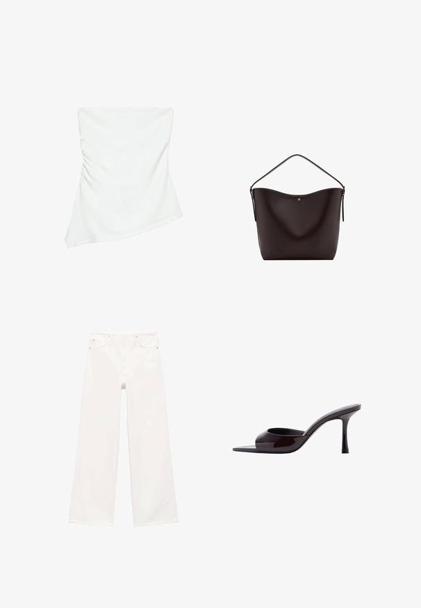 Witte asymmetrische top zonder bandjes met lichte plooidetails aan één kant, aangesloten stijl, strak en minimalistisch ontwerp.; Witte hoge taille wijde pijpen jeans met een rits en knoopsluiting aan de voorkant, twee voorke pockets en lussen voor een riem.; Zwarte lakleren mule met open teen, smalle midhoge stilettohak en lager uitgesneden bovenband.; Donkerbruine leren schoudertas met een enkele riem en een klein gouden knoopsdetail aan de voorkant in het midden.