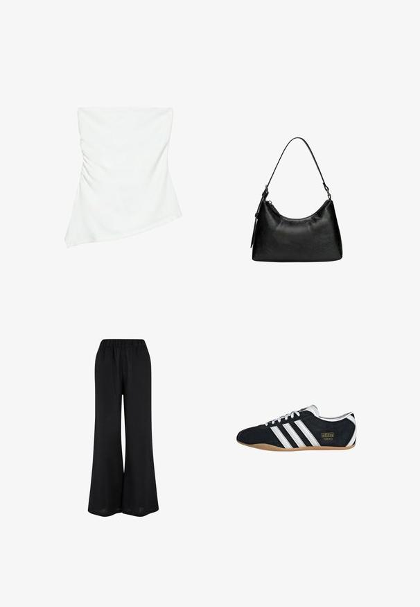 Haut blanc asymétrique sans bretelles avec un léger détail froncé sur un côté, style ajusté, design épuré et minimaliste.; Pantalons larges noirs en tissu léger. Dotés d'une taille élastique et d'un design fluide atteignant le sol.; Sneakers en suede noir avec trois bandes blanches, logo doré et semelle en caoutchouc marron. Présente un design à lacets à profil bas.; Sac à main noir en simili cuir avec une forme incurvée, poignée courte, fermeture éclair et un motif texturé subtil sur la surface.
