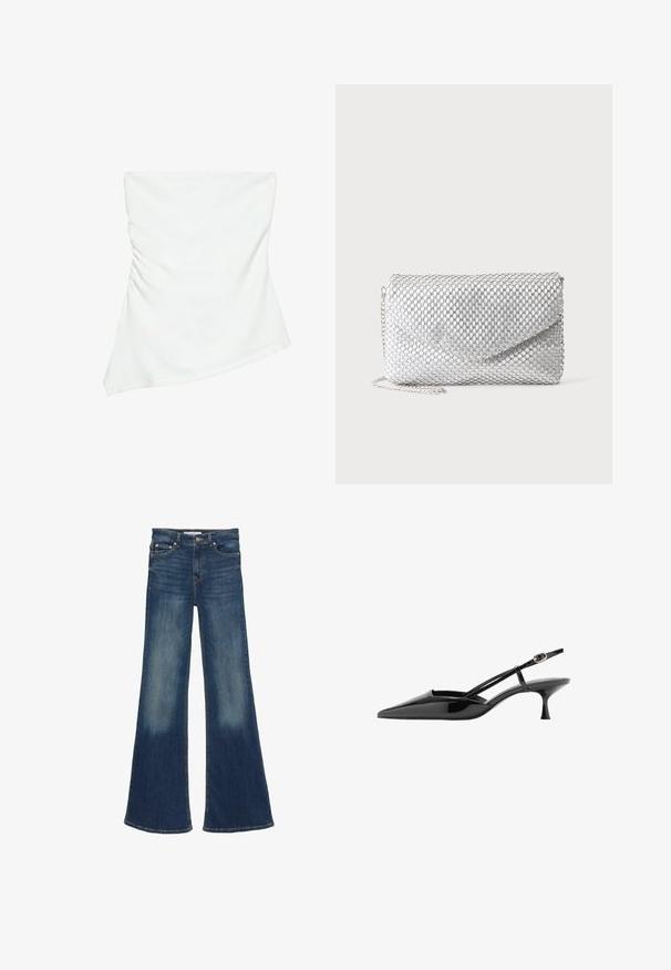 Haut blanc asymétrique sans bretelles avec un léger détail froncé sur un côté, style ajusté, design épuré et minimaliste.; Jean en denim bleu foncé taille haute avec jambes évasées larges et zones décolorées sur les cuisses et le bas des jambes.; Chaussure noire en cuir verni à bout pointu, talon kitten, fine bride à la cheville avec boucle dorée.; Pochette de soirée en maille argentée avec rabat enveloppe et fine bandoulière chaîne sur fond blanc uni.