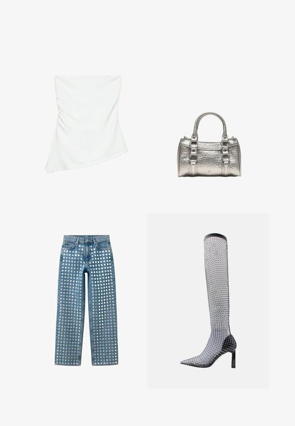 Haut blanc asymétrique sans bretelles avec un léger détail froncé sur un côté, style ajusté, design épuré et minimaliste.; Jean en denim bleu avec de grands clous circulaires argentés uniformément espacés couvrant le devant de la taille jusqu'à l'ourlet en colonnes verticales.; Botte noire en résille montant jusqu'au genou avec un bout pointu, détaillée avec des accents brillants et un talon noir brillant. Elle présente un design élégant et texturé.; Petit sac à main argenté métallique avec deux poignées, anneaux décoratifs et surface texturée, posé sur un fond blanc.