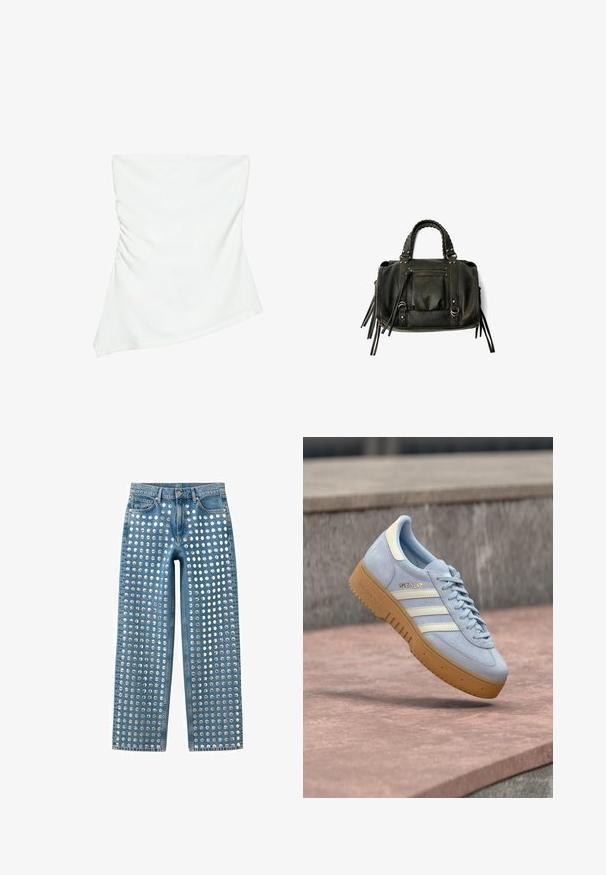 Top asimetric alb fără bretele, cu detalii ușor drapate pe o parte, croială mulată, design curat și minimalist.; Blugi denim albaștri cu tăietură dreptă, acoperiți pe față de la talie până la tiv cu ținte mari rotunde de argint, dispuse uniform în coloane verticale.; Pantof sport din piele întoarsă albastru deschis cu dungi albe și branding auriu, având o talpă din cauciuc gumă și un guler căptușit pentru confort.; Geantă din piele neagră, cu mânere împletite, buzunar cu fermoar și ciucuri suspendați. Suprafață texturată cu capse metalice și accente din metal.