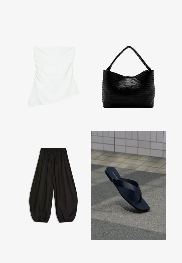 Haut blanc asymétrique sans bretelles avec un léger détail froncé sur un côté, style ajusté, design épuré et minimaliste.; Pantalon large noir fluide avec taille élastique et poignets élastiques froncés aux chevilles, présenté sur fond blanc.; Sandale noire à lanière avec bout carré et nom de la marque sur la semelle, positionnée debout sur un pavement texturé près d’un mur carrelé.; Sac à main tissé noir avec une anse unique tressée, forme rectangulaire et surface texturée brillante.
