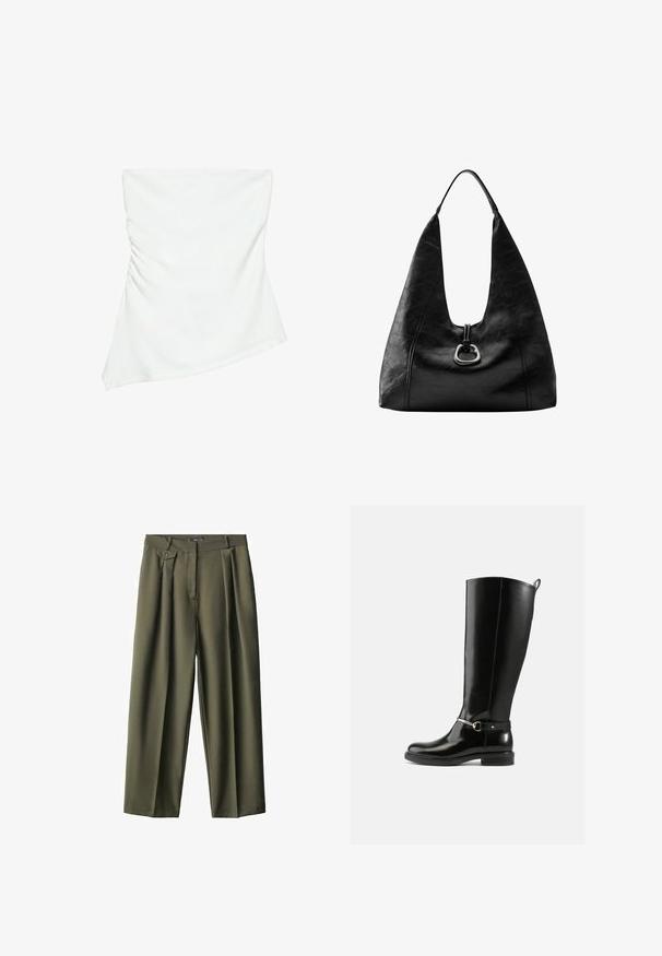 Haut blanc asymétrique sans bretelles avec un léger détail froncé sur un côté, style ajusté, design épuré et minimaliste.; Pantalons larges vert olive en tissu lisse, dotés de plis avant, d'une fermeture à un bouton et de deux poches latérales.; Bottes noires montantes en cuir verni, avec un détail de boucle argentée à la cheville et une conception à bout arrondi. Semelle plate.; Sac d'épaule en cuir noir avec une forme souple et décontractée et une seule bandoulière, avec un détail d'anneau métallique argenté à l'avant.