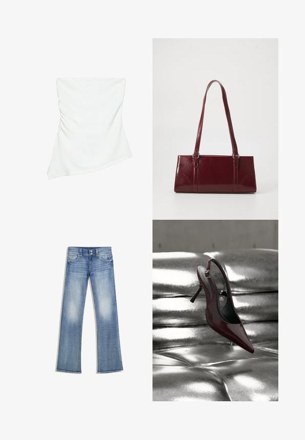 Witte asymmetrische top zonder bandjes met lichte plooidetails aan één kant, aangesloten stijl, strak en minimalistisch ontwerp.; Lichtblauwe bootcut-spijkerbroek met een vervaagde wassing, vijf zakken, riemlussen en dubbele knoopsluiting, plat neergelegd op een witte achtergrond.; Donkerrode slingback hoge hak schoen met puntige neus, rustend op een glanzend metalen zilverkleurig gevoerd oppervlak.; Bourgondische handtas van glanzend materiaal, rechthoekige vorm, met twee schouderbanden en subtiele gebogen accenten aan de voorkant.