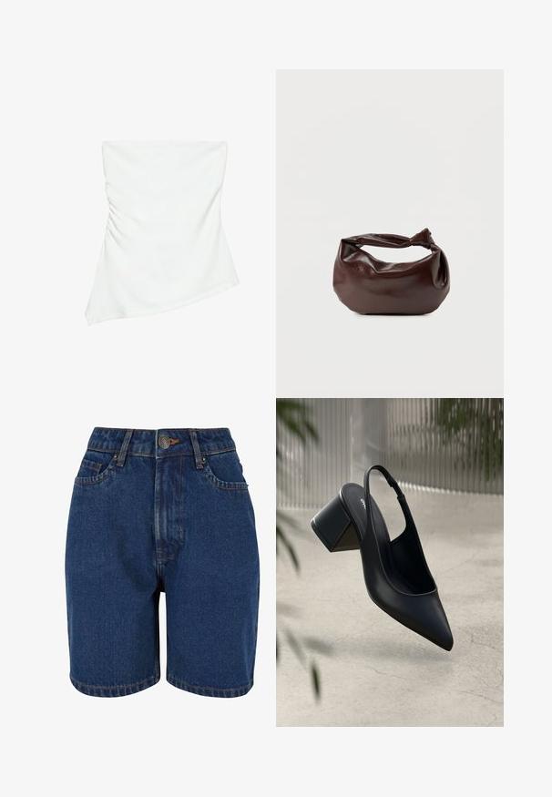 Witte asymmetrische top zonder bandjes met lichte plooidetails aan één kant, aangesloten stijl, strak en minimalistisch ontwerp.; Denim shorts in een donkerblauwe kleur, met een hoge taille, een vijf-pocket ontwerp en contrasterende oranje stiksels. De stof lijkt textuur te hebben.; Zwarte leren slingback hak met een spitse neus en een blokhak. Glad oppervlak, minimalistisch ontwerp en verstelbare enkelband.; Donkerbruine leren schoudertas met een zachte, slungelige vorm en een gedraaide knoopvormige handgreep op een effen witte achtergrond.