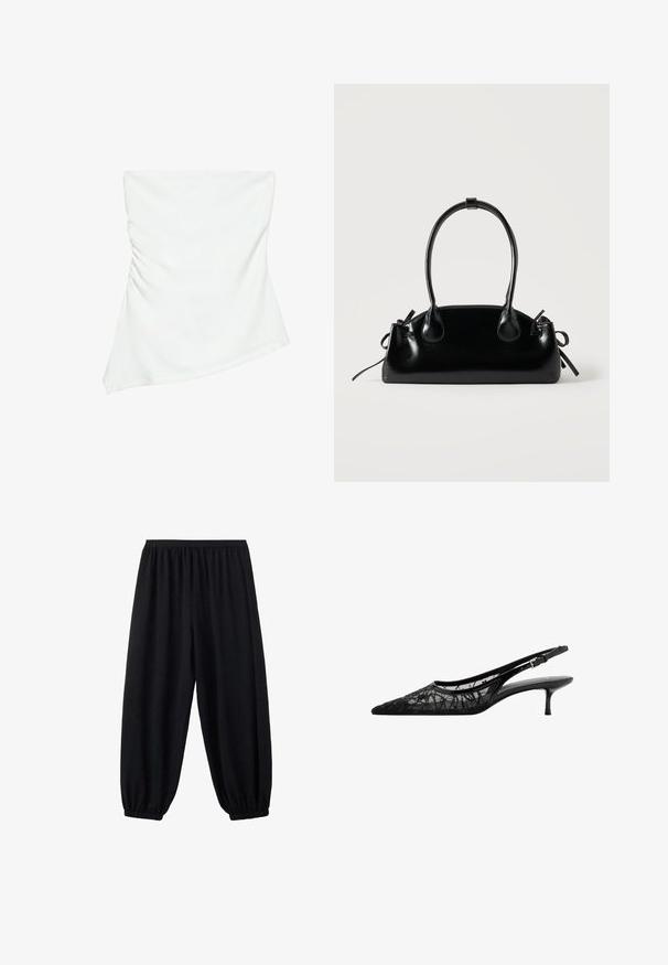 Haut blanc asymétrique sans bretelles avec un léger détail froncé sur un côté, style ajusté, design épuré et minimaliste.; Pantalon noir large avec ceinture élastique et poignets élastiques aux chevilles, conçu pour le confort et un port décontracté.; Chaussure slingback noire à bout pointu avec petit talon kitten et tige en mesh transparent décorée de coutures noires abstraites.; Petit sac à main noir brillant avec deux longues anses et des détails à cordon sur les côtés sur un fond clair uni.