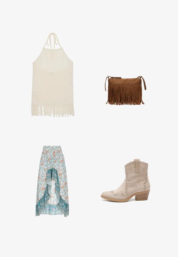 Hæklet halterneck-top i off-white, med en struktureret åben vævning og frynset kant. Lavet af blødt garn for komfort og åndbarhed.; Blomstret maxiskirt med elastisk talje, prydet med et hvidt og teal mønster med ferskenfarvede blomster og et lagdelt flæse-detalje.; Beige ruskindsankelstøvle med spids tå, dekorativ syning og metalstuds langs kanterne. Har en lav, staplet hæl.; Brun ruskind crossbody taske med lange frynser og lynlåslukning på hvid baggrund.