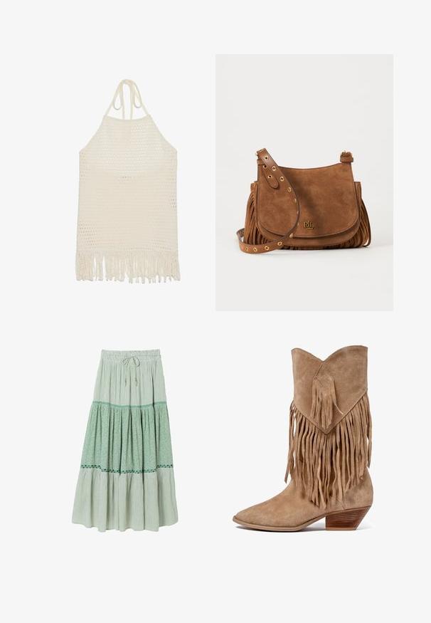 Háčkovaný halter top v off-white farbe, s textúrovaným otvoreným tkaním a strapcovým lemom. Vyrobený z mäkkej priadze pre pohodlie a priedušnosť.; Midi sukňa s nariasenými vrstvami, zeleno-biele vertikálne pruhy, kvetinový vzor, sťahovací pás a dekoratívna stužka.; Hnedé suede cowboy čižmy s strapcovými akcentmi, špicatou špičkou a nízkym zvinutým opätkom. Obsahuje diamantový tvar nášivky na manžete.; Hnedá semišová kabelka crossbody so zlatými očkami na nastaviteľnom popruhu, detailmi strapcov na stranách a malým zlatým logom RLL na prednom klape.