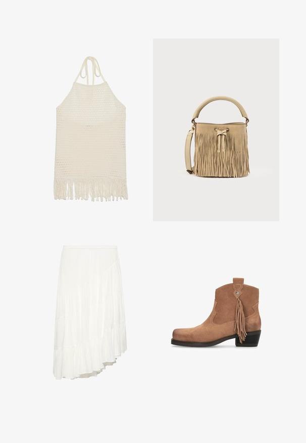 Haut halter au crochet en blanc cassé, présentant un tissage ouvert texturé et un ourlet à franges. Fabriqué en fil doux pour le confort et la respirabilité.; Jupe blanche asymétrique à étages avec détails à volants et taille ajustée.; Bottine en daim marron avec un petit talon carré, bords festonnés et un accent décoratif à pompon. Texture lisse, design à bout arrondi.; Sac à main à franges en daim beige avec une poignée supérieure ronde et une bandoulière réglable. Il présente une fermeture à nœud papillon et un détail de logo doré.