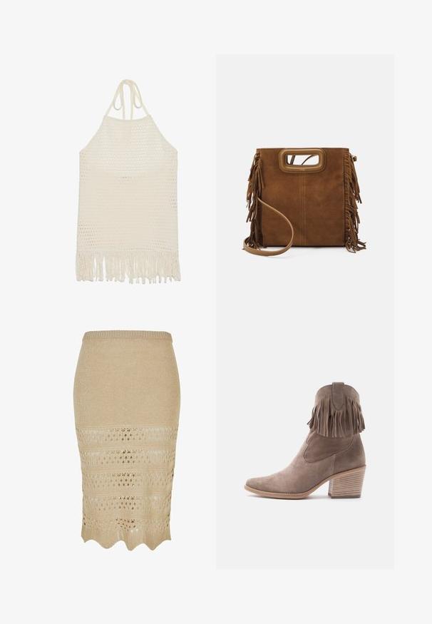 Gehaakte haltertop in off-white, met een gevarieerde open structuur en franjes aan de onderkant. Gemaakt van zachte garen voor comfort en ademend vermogen.; Beige gebreide kokerrok met haakpatroon. Beschikt over een golvende zoom en een textuurstof voor een aansluitende snit.; Taupekleurige suède enkellaars met franjes, puntige neus en dikke blokhak tegen een witte achtergrond.; Maje Handtas - camel