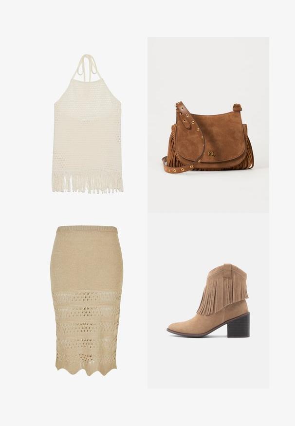 Gehaakte haltertop in off-white, met een gevarieerde open structuur en franjes aan de onderkant. Gemaakt van zachte garen voor comfort en ademend vermogen.; Beige gebreide kokerrok met haakpatroon. Beschikt over een golvende zoom en een textuurstof voor een aansluitende snit.; Beige suède enkellaars met een ronde neus en een bovenwerk met franjes. Voorzien van een blokhak van gemiddelde hoogte en een stevig ontwerp met een lusdetail aan de achterkant.; Bruine suède crossbodytas met gouden oogjes op de verstelbare riem, franjes aan de zijkanten en klein gouden RLL-logo op de voorflap.