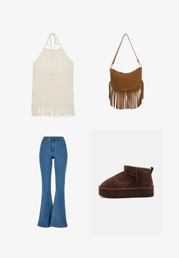 Häkeltop im Off-White mit strukturiertem, offenem Gewebe und fransigem Saum. Hergestellt aus weichem Garn für Komfort und Atmungsaktivität.; Ausgestellte Jeans aus Denim in Mittelblau mit hoher Taille. Verfügt über genähte Details und einen leicht strukturierten Stoff für zusätzliche Haltbarkeit.; Braune Wildleder-Stiefelette mit runder Spitze, weicher Oberfläche und dicker Plattformsohle. Verfügt über dezente Nähte und eine Lasche an der Rückseite.; Braune Wildleder-Schultertasche mit Fransen-Detail am unteren Rand, geschwungener Form, goldenem Logo auf der Vorderseite und einem verstellbaren Riemen.