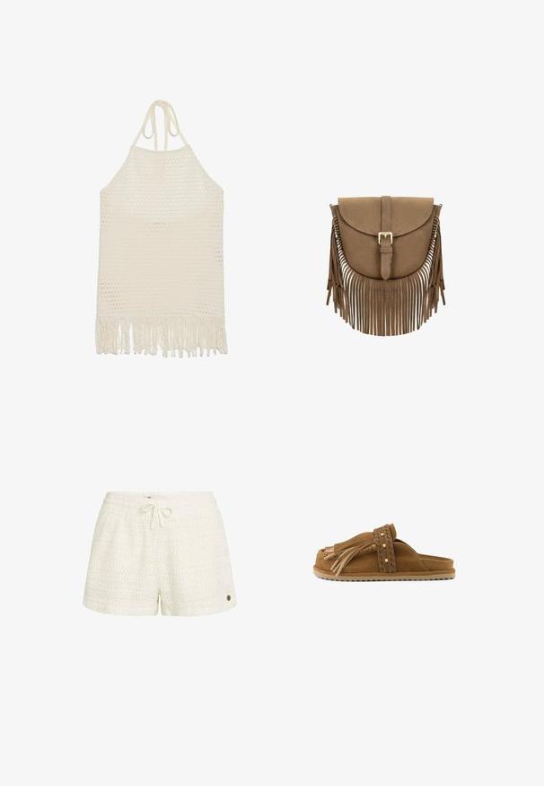 Haut halter au crochet en blanc cassé, présentant un tissage ouvert texturé et un ourlet à franges. Fabriqué en fil doux pour le confort et la respirabilité.; Short en crochet blanc avec une taille élastique et un cordon de serrage. Présente un motif texturé et un petit logo métallique sur le côté.; Sandale à enfiler en daim marron avec une bride tressée, des clous dorés et un détail à franges sur une semelle rainurée, vue de profil.; Sac bandoulière en daim marron avec rabat avant, boucle dorée et longues franges le long des côtés et du bas.
