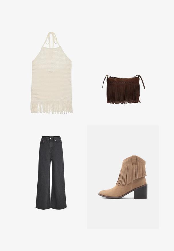 Hæklet halterneck-top i off-white, med en struktureret åben vævning og frynset kant. Lavet af blødt garn for komfort og åndbarhed.; Sorte jeans med høj talje og vide ben, lukkes foran med knap og lynlås, forlommer og frynset kant.; Beige ruskinds-ankelstøvle med rundet tå og frynset overdel. Har en mellemhøj blokhæl og et robust design med en løkke detalje bagpå.; Brun ruskind skuldertaske med lange frynser og justerbare remme, lynlås lukning langs øverste kant.