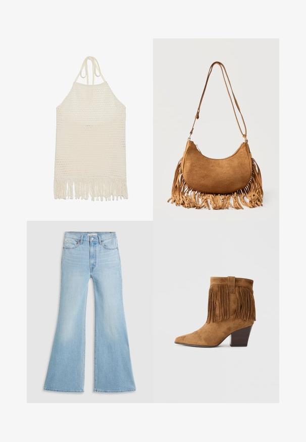 Häkeltop im Off-White mit strukturiertem, offenem Gewebe und fransigem Saum. Hergestellt aus weichem Garn für Komfort und Atmungsaktivität.; Helle blaue Schlagjeans mit hoher Taille, aus Denim gefertigt. Sie verfügen über ein klassisches Fünf-Taschen-Design und einen rohen Saum an den Säumen.; Braune Wildleder-Ankle-Boots mit spitzem Zehenbereich, Fransenverzierung am Schaft und einem gestapelten Holzabsatz. Glatte Textur im gesamten Schuh.; Braune, halbmondförmige Schultertasche aus Wildleder mit langem Riemen und Fransen entlang der unteren Kanten vor weißem Hintergrund.
