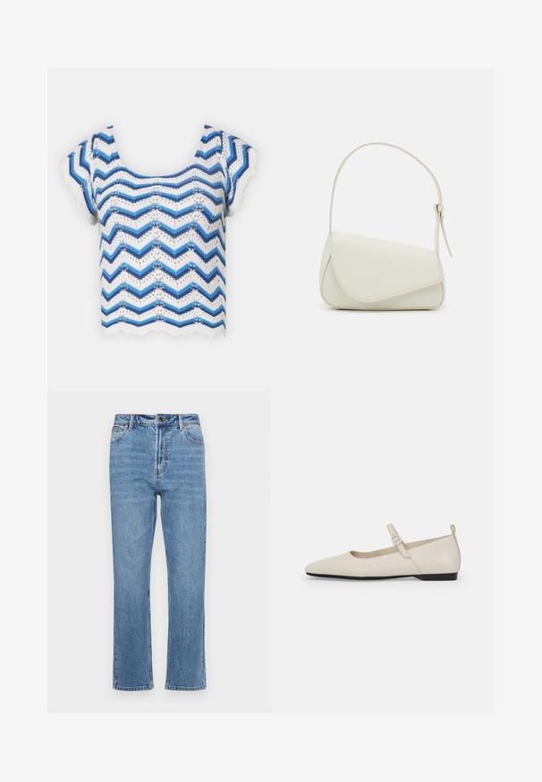 Top en tricot à manches courtes avec un motif en zigzag dans des nuances variées de bleu et de blanc, avec des bords en forme de vagues et un design à mailles ouvertes.; Jean en denim bleu clair avec une coupe droite, cinq poches, fermeture à bouton à l'avant et décoloration subtile sur le tissu.; Ballerines en cuir blanc avec bout pointu, bride à la cheville et petit talon noir. Texture lisse avec des accents minimaux.; Sac à main en cuir synthétique blanc avec une forme triangulaire structurée, une bandoulière unique réglable et un rabat à courbes accentuées.
