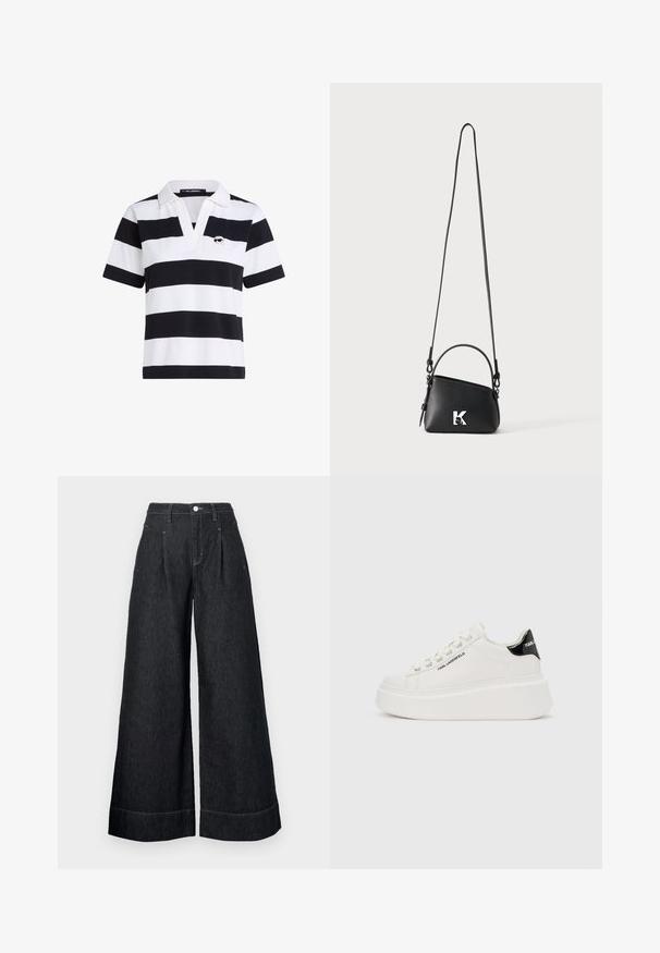 Kurzarm-Poloshirt mit schwarz-weißen horizontalen Streifen, einem kragenförmigen Ausschnitt und einem kleinen gestickten Logo auf der Brust.; Schwarze Denim-Hosen mit weitem Bein und hoher Taille, mit vorderen Falten, einem Knopfverschluss und kontrastierenden Nähten an den Säumen.; Weißer Plateau-Sneaker mit schwarzem Fersenlasche, "Karl Lagerfeld"-Markenaufdruck an der Seite und an der Ferse, Schnürverschluss vorne, glattes Lederobermaterial.; Kleine schwarze Leder-Crossbody-Tasche mit einem oberen Griff, langem verstellbarem Riemen und weißem „K“-Logo auf der Vorderseite.
