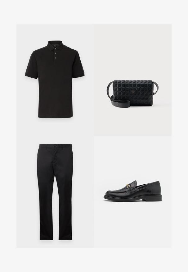 Sort kortærmet polo-shirt med tre knapper, klassisk krave og diskrete tone-i-tone detaljer på skuldre og ærmer.; Sorte bomuldsbukser med lige ben-design, der har en frontknaplukning og sidelommer, glat tekstur, ingen synlige mønstre.; Sorte læder loafers med en rund tå, der har guld hardware accent og syningsdetaljer, placeret på en lav, tekstureret gummisål.; Sort tekstureret crossbodytaske med klaplukning og et lille metallogo foran, vist mod en ensfarvet baggrund.
