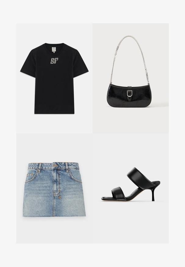 T-shirt en coton noir à manches courtes, avec un design "BF" orné de strass à l'avant. Encolure ronde, coupe décontractée.; Jupe mini en denim bleu clair avec une taille ajustée, fermeture à boutons à l'avant et deux poches latérales. Présente des ourlets bruts et des détails de couture contrastante.; Sandale mule en cuir noir avec deux larges brides et un talon stiletto fin de hauteur moyenne sur un fond clair uni.; Sac à épaule en cuir verni noir avec détail de boucle argentée et bandoulière en chaîne argentée, présenté sur un fond uni clair.