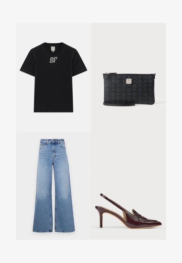 Zwarte katoenen T-shirt met korte mouwen, met een strass-ornament "BF" ontwerp op de voorkant. Ronde hals, casual pasvorm.; Lichtblauwe wijde denimjeans met hoge taille, met voorzakken en naaddetails die verticaal over de benen lopen.; Slingback hak in donker bordeaux patentleer, puntige neus, 7 cm stiletto hak, voorzien van een decoratieve vampband aan de voorkant.; Zwart getextureerd leren polstasje met subtiel monogrampatroon en zilveren logoplaatje, gecentreerd op een schone witte achtergrond.