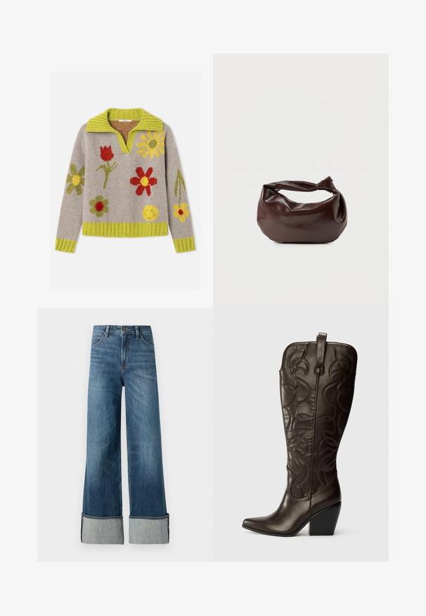 Beige striktrøje med limegrøn krave, manchetter og kant, dekoreret med farverige blomster og et gult smiley-ansigt.; Lee STELLA - Wide leg - richter; Brune læder cowboy støvler med stikningsdetaljer, spidse tæer og blokhæl. Pyntet med bladlignende mønstre.; Mørkebrun læder skuldertaske med en blød, afslappet form og et snoet knudehåndtag på en ensartet hvid baggrund.