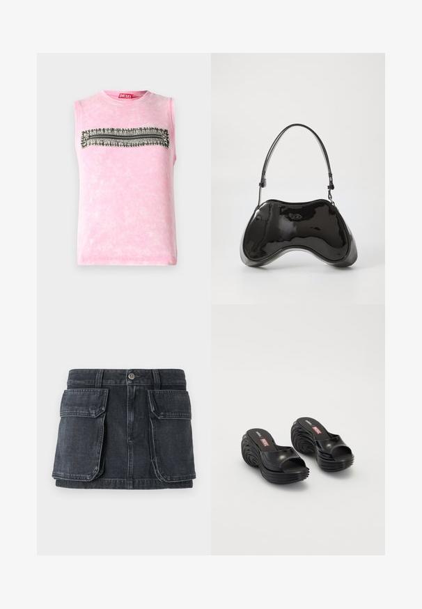 Subløs pink bomulds t-shirt med en vandret sort-hvid mønsterstripe hen over brystet. Rund halsudskæring, blød tekstur.; Sort denimnederdel med en tætsiddende talje, knaplukning, to store forlommer og kontrastsyning.; Melissa MELISSA QUANTUM PLATFORM X DIESEL AD - Badesandaler - black; Sort patentlæder håndtaske med en unik buet form, kort justerbar hank og en lynlåslukning i toppen. Glat tekstur med diskret branding.