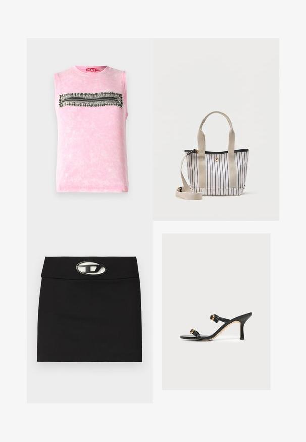 T-shirt sans manches en coton rose avec une rayure horizontale noire et blanche à travers la poitrine. Encolure ronde, texture douce.; Mini-jupe noire avec une taille plate. Dotée d'une boucle logo métallique proéminente à l'avant. Fabriquée en tissu lisse sans motifs visibles.; Sandale à talon noire avec deux fines lanières avec boucles circulaires dorées, un talon haut pointu et une bordure de semelle beige.; Petit sac cabas blanc avec des rayures noires verticales, des poignées beiges et une bandoulière beige réglable sur un fond uni.