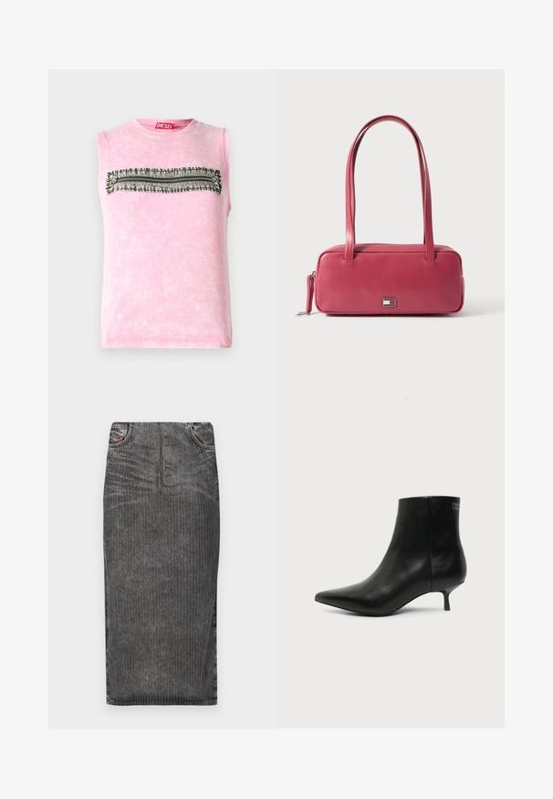 Mouwloze roze katoenen t-shirt met een horizontale zwart-witte gestreepte band over de borst. Ronde halslijn, zachte textuur.; Grijze denim midi-rok met verticale streepjes, voorzien van een hoge taille, vijf-pocket ontwerp en een nette zoom.; Zwart leren enkellaars met puntige neus en lage kittenhak op lichte achtergrond, zijaanzicht buitenkant.; Roze leren handtas met een rechthoekige vorm, dubbele handvatten en een klein metalen embleem aan de voorkant, met een gladde, glanzende textuur.
