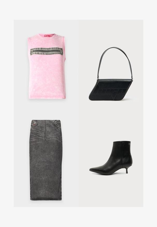 Subløs pink bomulds t-shirt med en vandret sort-hvid mønsterstripe hen over brystet. Rund halsudskæring, blød tekstur.; Grå denim midi-skjørt med vertikale striber, med høj talje, fem lomme-design og en ren kant.; Sort læder ankelstøvle med spids tå og lav kitten hæl på lys baggrund, der viser yderside.; Sort skuldertaske i læder med trekantet form, præget logo og en enkelt justerbar rem. Minimalistisk design med glat tekstur.