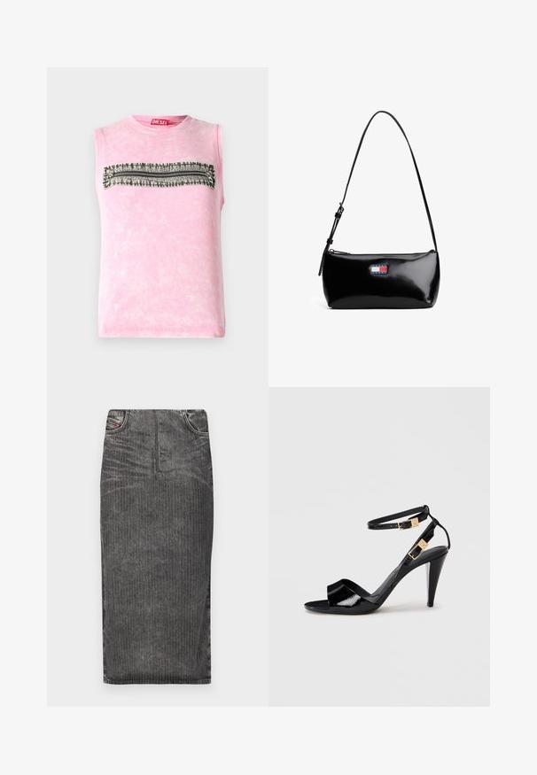 Camiseta sin mangas de algodón rosa con una franja horizontal de patrón en blanco y negro en el pecho. Cuello redondeado, textura suave.; Falda midi de mezclilla gris con rayas verticales, con cintura alta, diseño de cinco bolsillos y dobladillo limpio.; Sандalia de tacón alto de charol negro con dobles correas en el tobillo y hebillas doradas, punta abierta y tacón delgado y afilado sobre un fondo neutro.; Bolso de hombro de charol negro con una correa curva, cierre de cremallera y un parche de logo rectangular en rojo, blanco y azul.