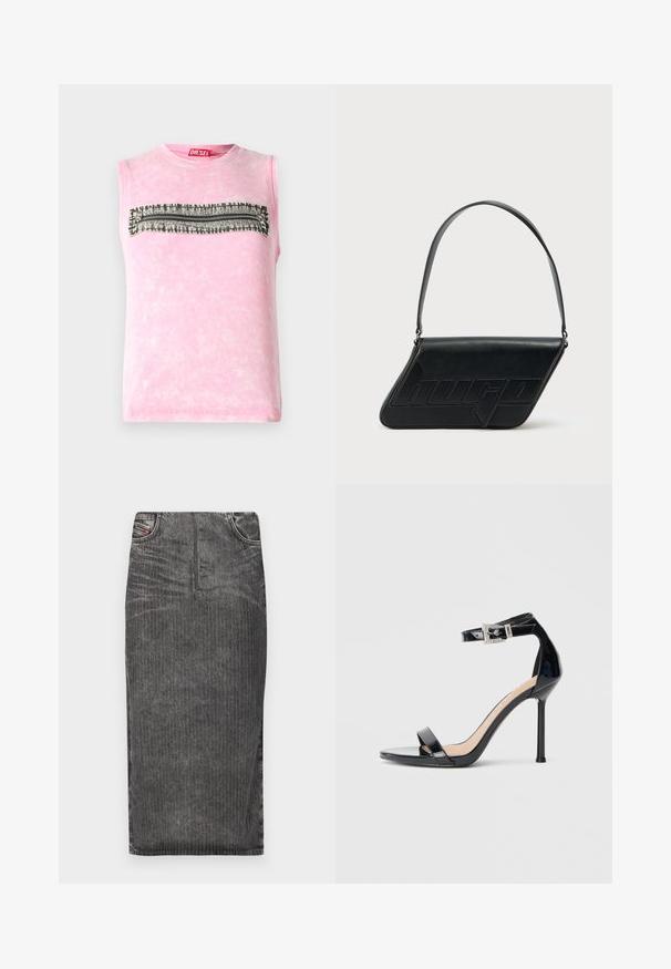 Mouwloze roze katoenen t-shirt met een horizontale zwart-witte gestreepte band over de borst. Ronde halslijn, zachte textuur.; Grijze denim midi-rok met verticale streepjes, voorzien van een hoge taille, vijf-pocket ontwerp en een nette zoom.; Zwarte sandalen met hoge hak van lakleer en een enkelriempje. Heeft een minimalistisch ontwerp, open teen en een gesp met strass-steentjes.; Zwarte leren schoudertas met een driehoekige vorm, geperst logo en een enkele verstelbare riem. Minimalistisch ontwerp met een gladde textuur.