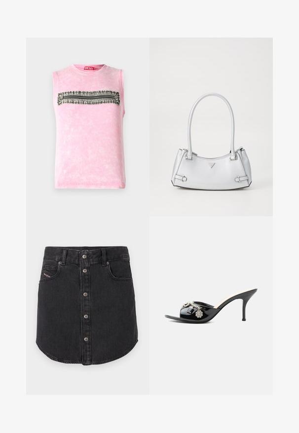 T-shirt sans manches en coton rose avec une rayure horizontale noire et blanche à travers la poitrine. Encolure ronde, texture douce.; Jupe en denim noire, courte, avec des boutons métalliques à l'avant, deux poches avant, passants de ceinture et ourlet arrondi.; Mule à talon haut en cuir verni noir avec bout ouvert et breloques argentées décoratives comprenant une fleur et un cadenas sur la bride avant.; Sac à main argenté avec un design structuré, doté de deux poignées, d'une texture brillante, de quincaillerie accentuée et d'un logo triangulaire sur le devant.