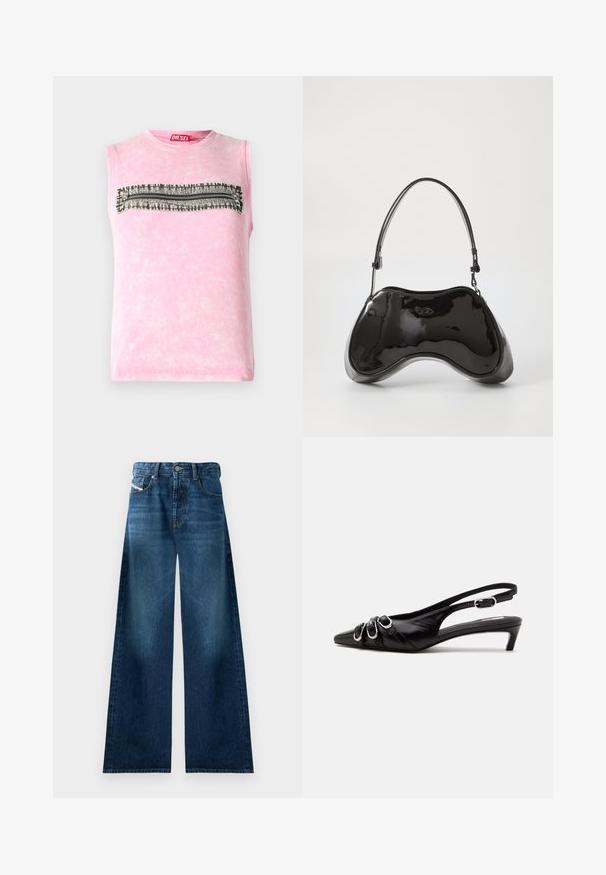 Subløs pink bomulds t-shirt med en vandret sort-hvid mønsterstripe hen over brystet. Rund halsudskæring, blød tekstur.; Bredde denimjeans i mørk vask. Har traditionelt fem-lomme design, knappelukning og let falmning på lårerne.; Sort læder slingback sko med spids tå, tre sølvspænder på forsiden og lav lille hæl på hvid baggrund.; Sort patentlæder håndtaske med en unik buet form, kort justerbar hank og en lynlåslukning i toppen. Glat tekstur med diskret branding.